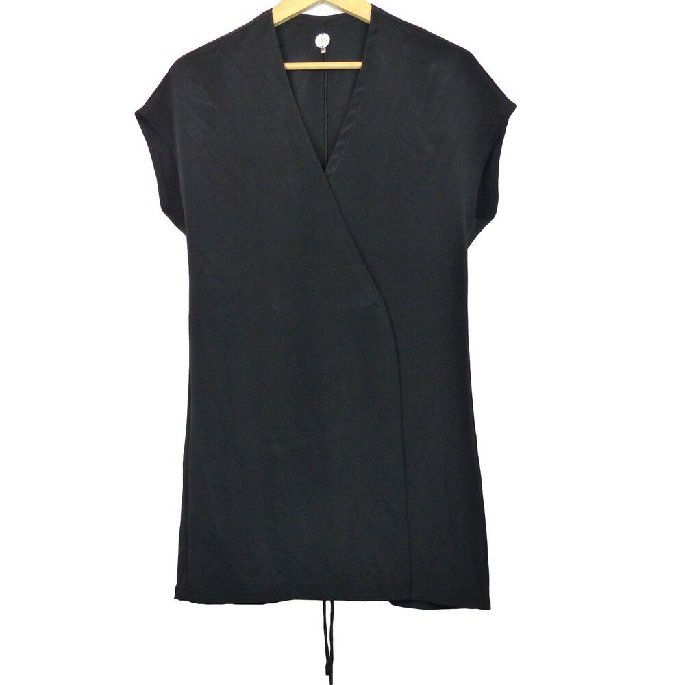 IAN R.N. Anthropologie Silk Wrap Dress Womens M Black Minimalist Drawstring Mini